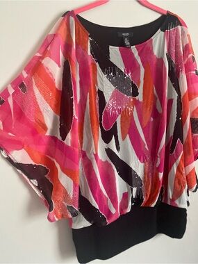 Alfani Tunic 2X Sheer Kimono Batwing Sequin Vibrant Y2K Revival Artsy Boho Glam